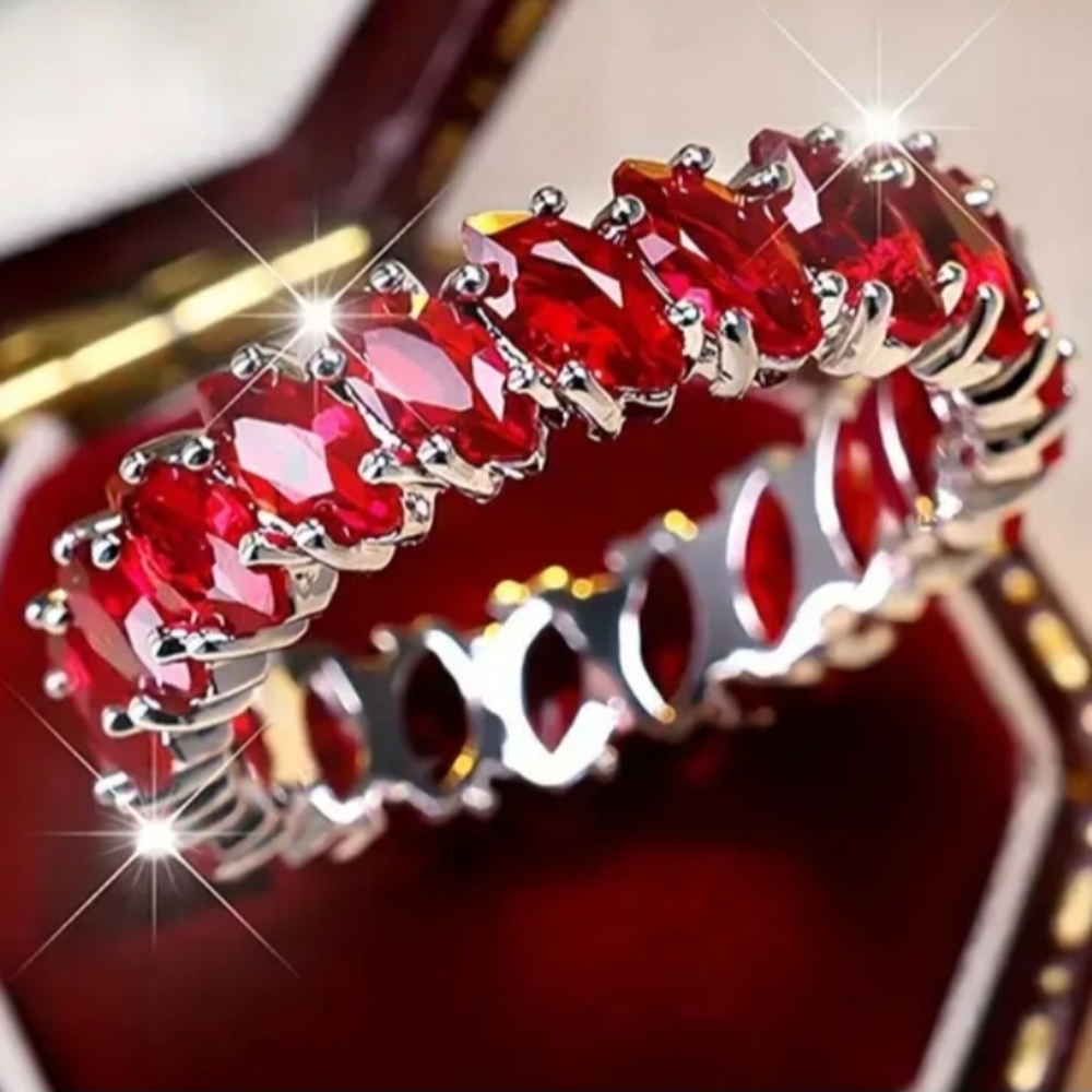 Fiery Red Eternity Ring/Silver- Tone Band/ Bold Statement Piece Size 7